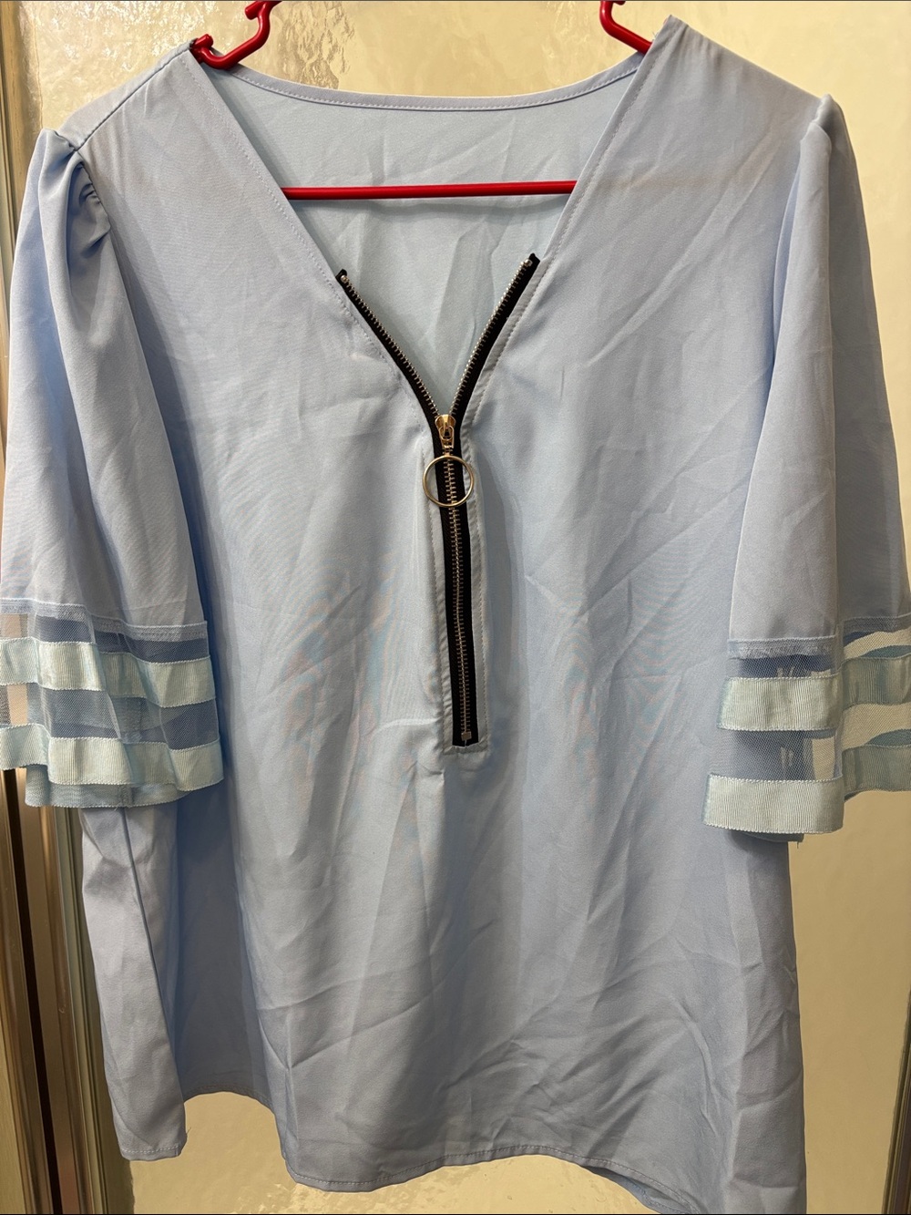 SHEIN Light Blue V-Neck Blouse with Ring-Zip